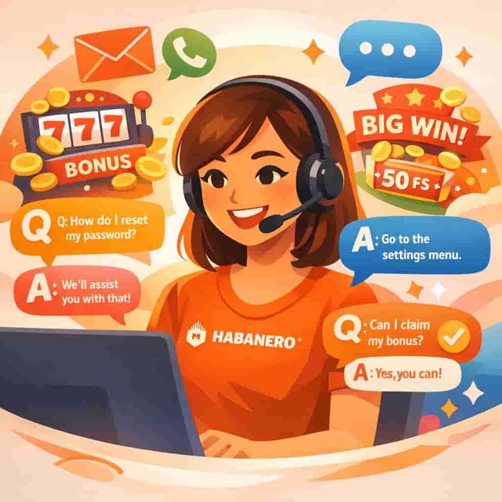 Illustrate a vibrant and engaging customer support scene related to Habanero, an online gaming provider. Include imagery of a friendly support representative answering queries. Depict contact options such as email, phone, and live chat icons. Showcase elements reflecting online slots and gaming excitement, including graphics of slot machines and promotions. Integrate a welcoming atmosphere to highlight helpfulness and user experience in the casino context. Add elements like a FAQ section visually represented with question marks and answers. Use bright colors and a fun design to evoke a sense of joy and entertainment.