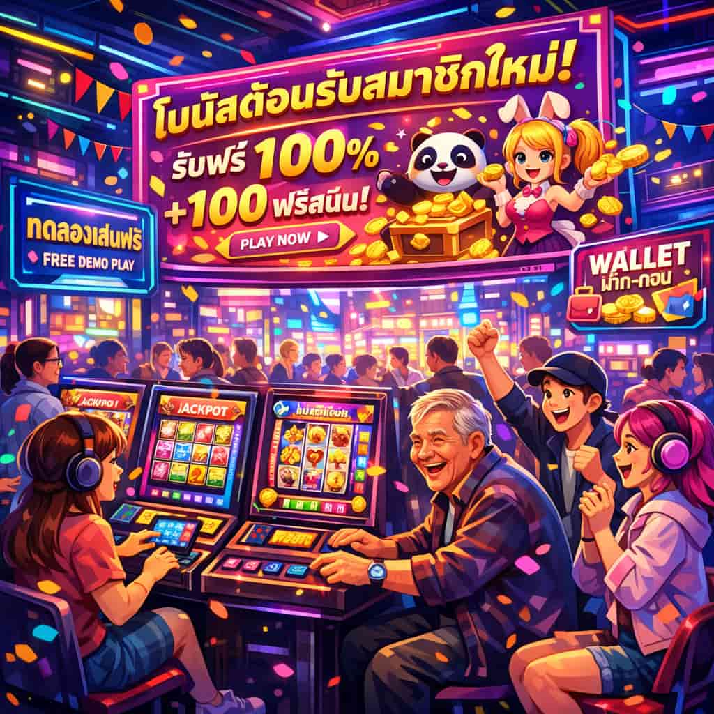 "An illustration depicting a vibrant and modern online casino scene in Thailand. The image showcases a variety of online slot games with a lively atmosphere, featuring players of different ages enjoying the games. The screens display beautiful graphics and advanced technology, while prominent promotions for new users, such as welcome bonuses, are featured. The overall vibe conveys a sense of fun and community among players, using a colorful cartoon style."