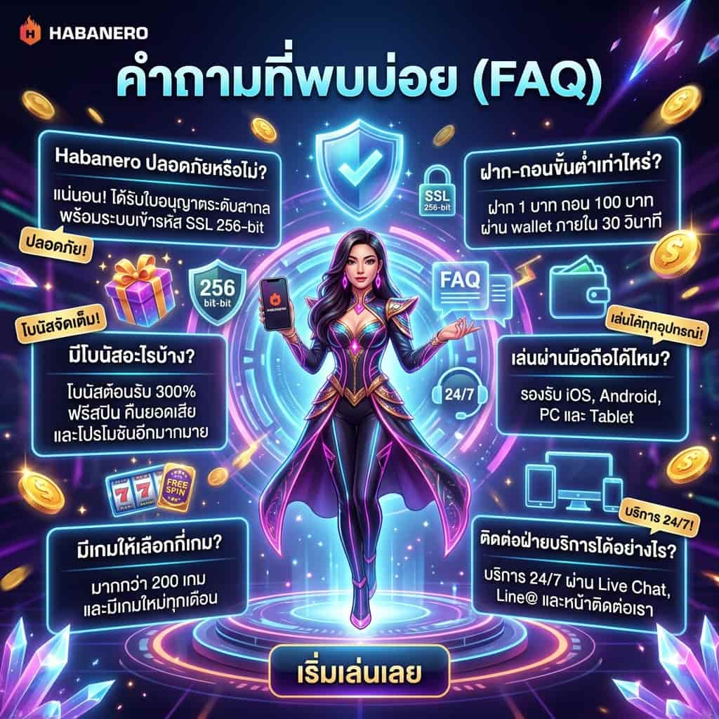 Square social media promotional image for Habanero in a futuristic fantasy casino style featuring an Asian female presenter, glowing FAQ panels in Thai, and visual highlights about security, bonuses, wallet deposits, mobile support, game variety, and 24/7 customer service.