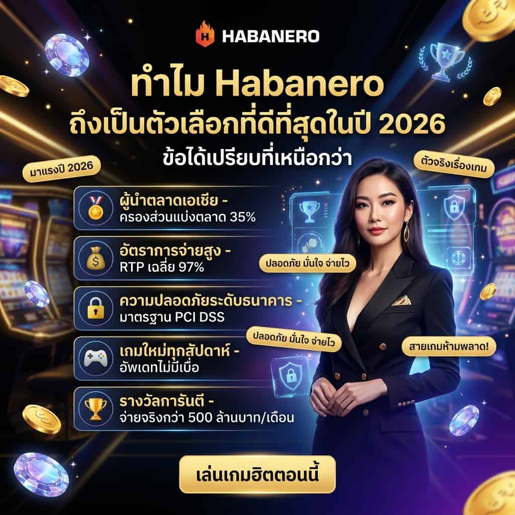 Square luxury promotional image for Habanero featuring an Asian female presenter in a futuristic fantasy casino setting, highlighting Thai-language benefits for 2026 including Asian market leadership, 97 percent RTP, bank-level security, weekly new games, and guaranteed payouts, with premium gold lighting, holographic elements, trophies, coins, and a high-end mobile-friendly design.