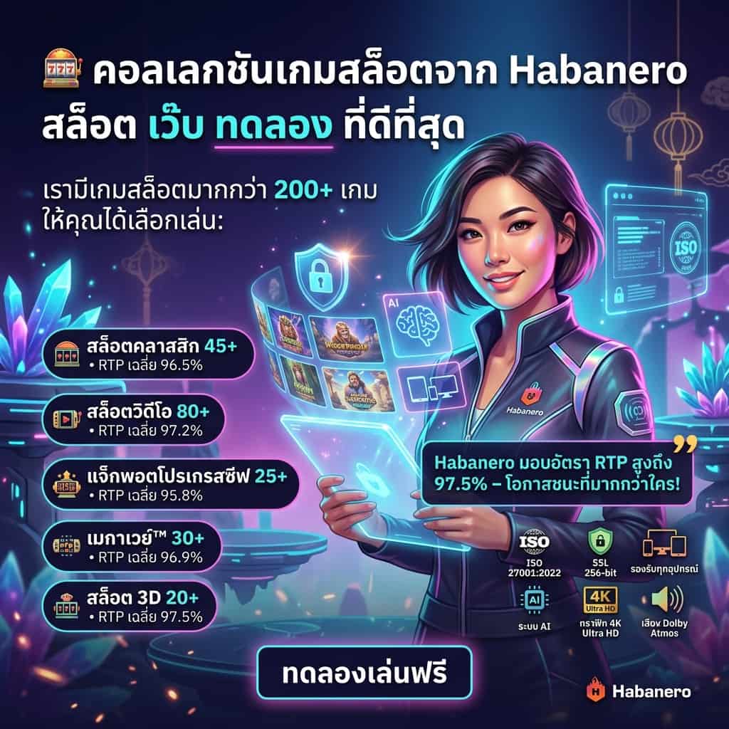Asian female presenter in a neon cyber-fantasy Habanero scene holding a glowing holographic reel with 200+ slot games, feature badges for ISO 27001:2022 and SSL 256-bit security, AI, cross-device support, 4K Ultra HD graphics and Dolby Atmos sound, plus Thai headlines and RTP stats highlighting up to 97.5% to drive curiosity and engagement.