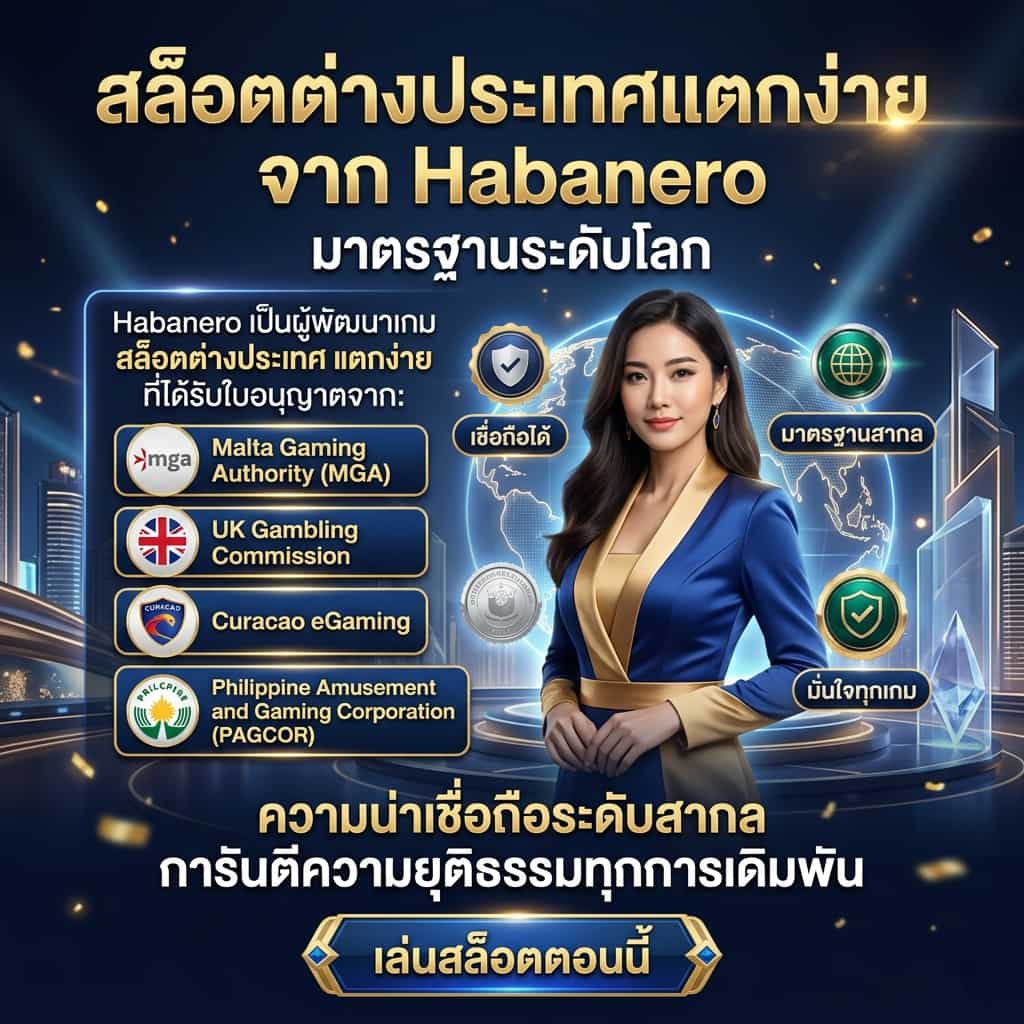 Square premium fantasy casino advertisement for Habanero featuring an elegant Asian female presenter, glowing certification badges, luxury blue and gold lighting, and Thai promotional text highlighting international gaming licenses and global trust standards.