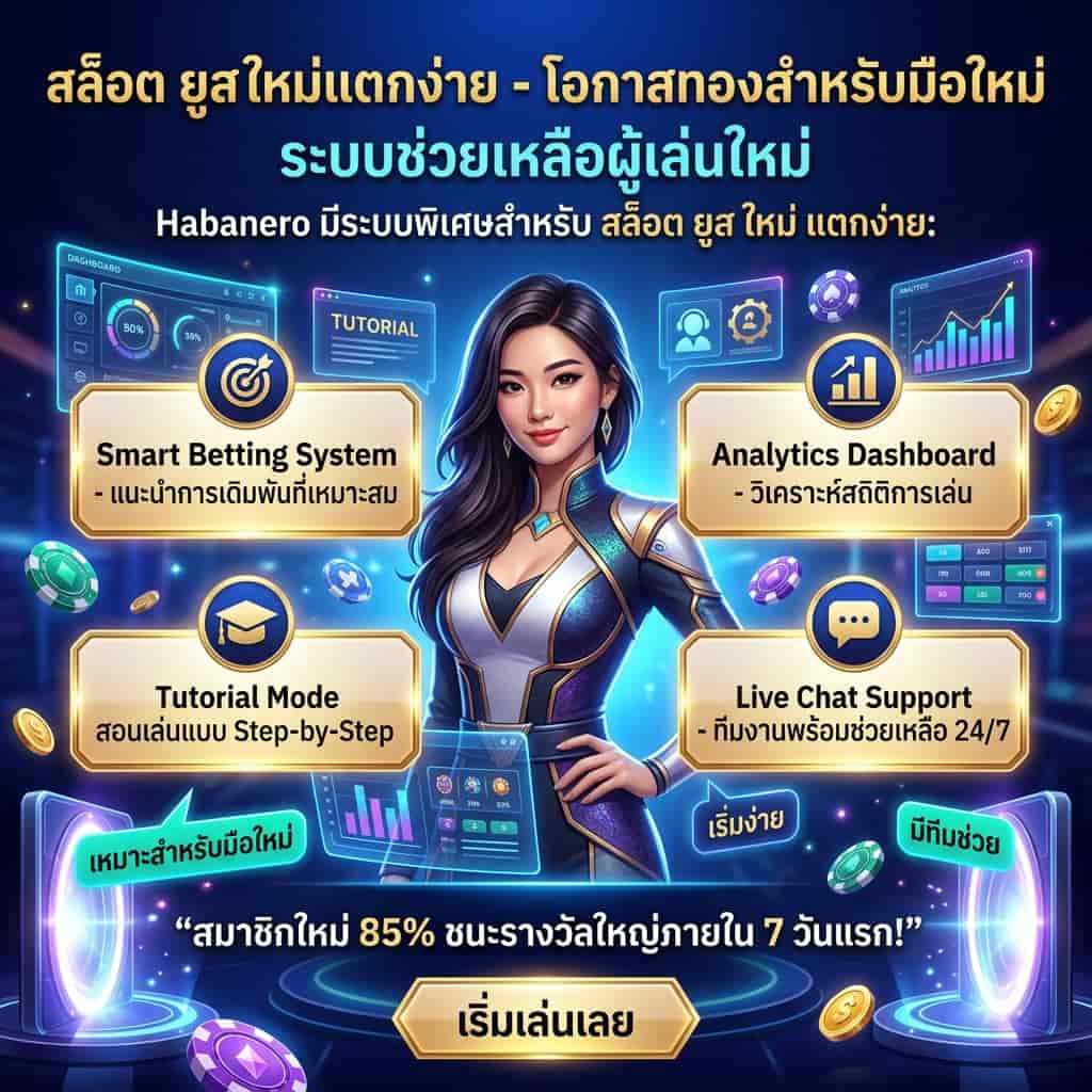 Square premium futuristic casino ad for Habanero featuring a friendly Asian female presenter with glowing analytics dashboards, tutorial panels, support icons, and Thai promotional text highlighting beginner-friendly slot features and new-user benefits.